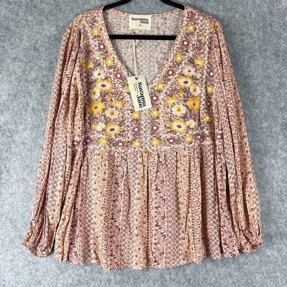 Savanna Jane Embroidered Top Womens 1X Floral Babydoll Boho Peasant Flowy NEW - Picture 1 of 12